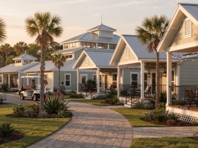 A rendering of cottages along a palm-lined brick path at Callahan Club & Resort at sunset