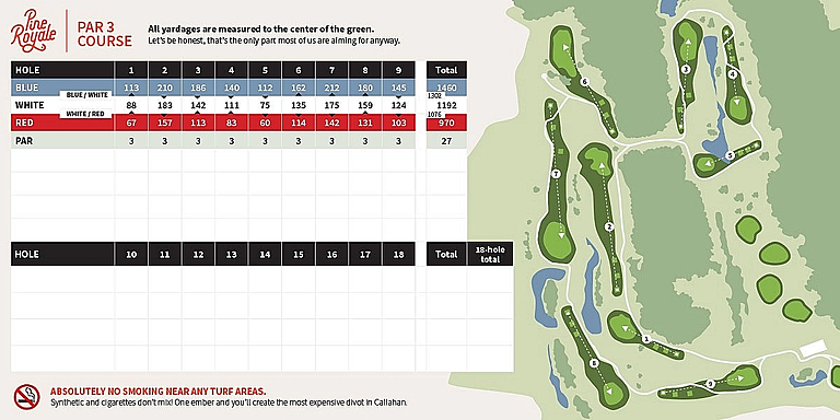 The Pine Royale par 3 scorecard and course map: nine holes, par 27 — 1,460 yards from the blue tees, 1,192 from white and 970 from red